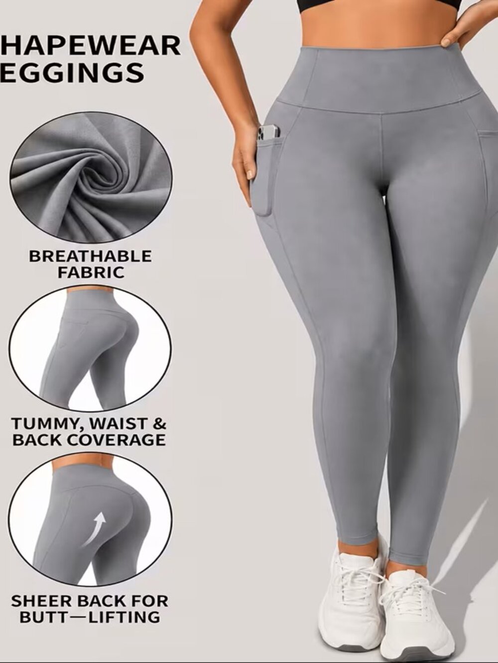 Women's High Waist Tummy Control Sculpting Leggings w/Pockets Gray XL